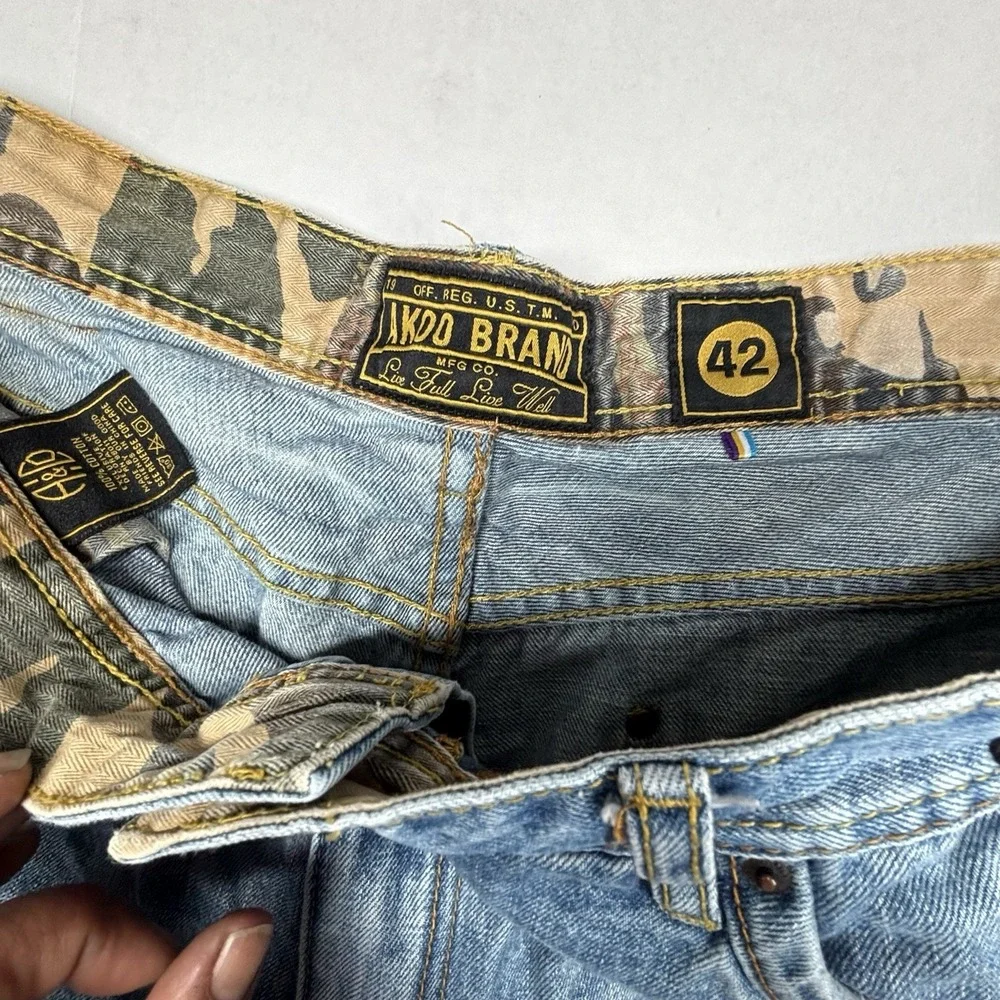 Akoo 99th Bombardier Blue Denim Mens Jean Shorts 42X11 Camo Patchwork Street EUC